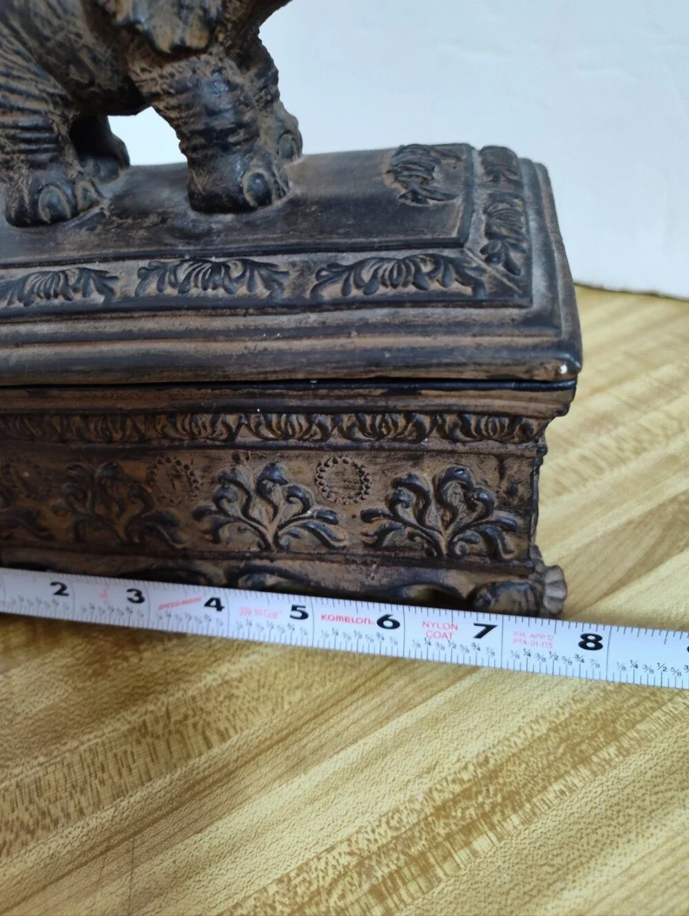Ornate elephant trinket/jewelry box with raised elephant lid, floral relief desi